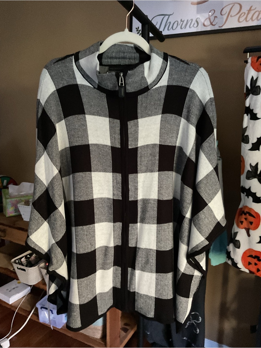 Preswick & Moore Black and White Plaid Zip-Front Cape